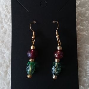 Handmade Yellow Gold tone red/green beaded earring